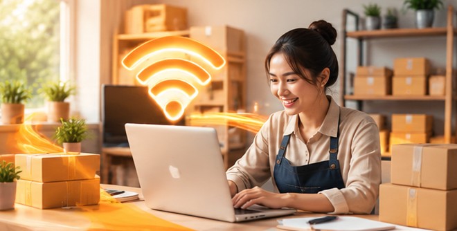 Pelaku usaha online bekerja dengan laptop di tokonya